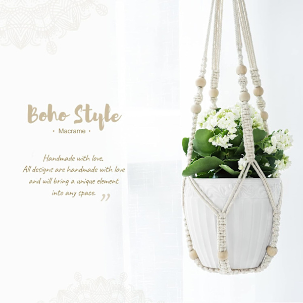 Macrame växt hängare inomhus hängande planter korg med träpärla