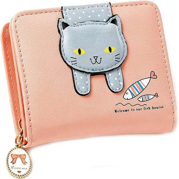 Kort plånbok, damplånbok, söt tecknad plånbok (1 st, katt- och fisktyp rosa)
