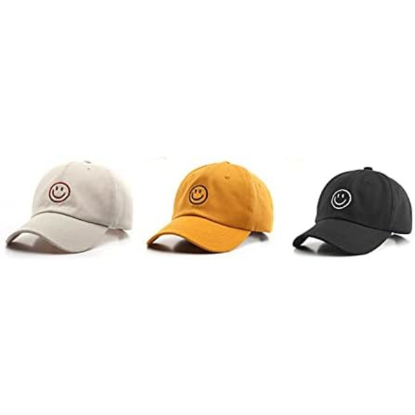 Baseball Cap til kvinder og mænd i bomuld med broderet smiley-ansigt, hat Wo