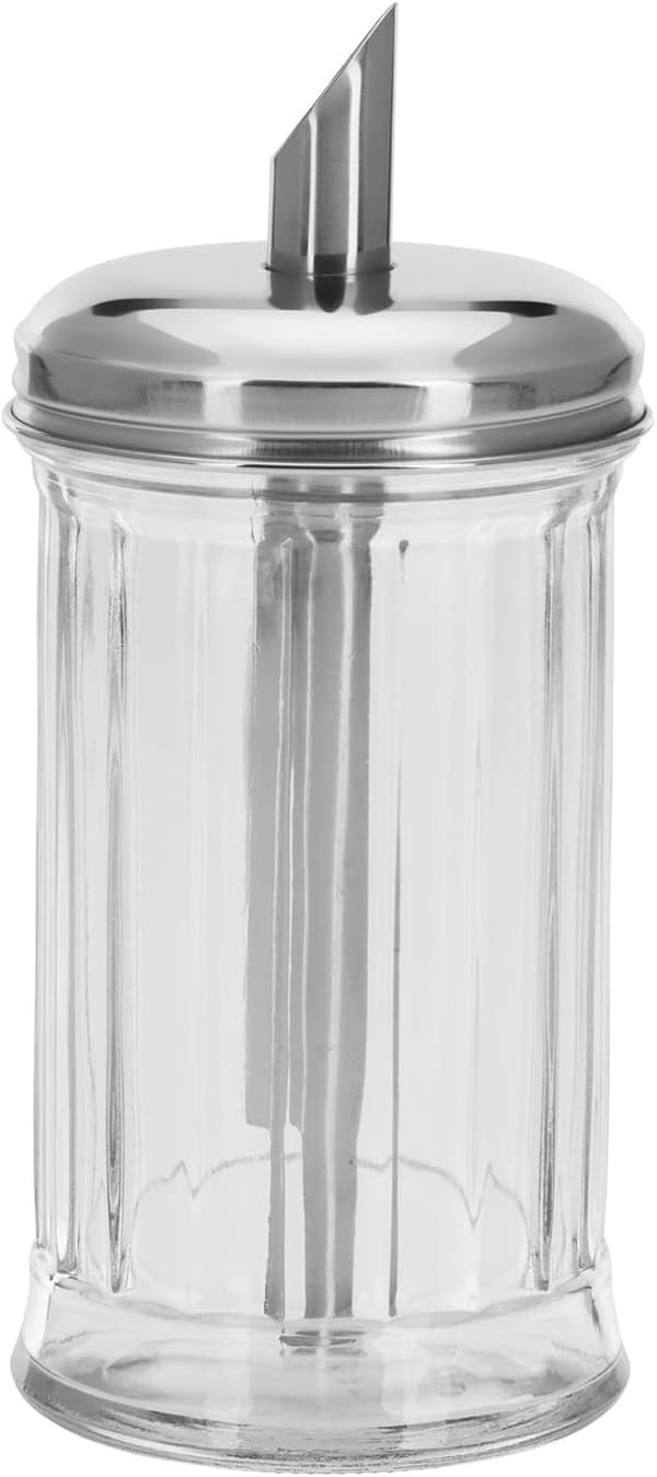 Sukkerdispenser i glas, rustfrit stål, sølv
