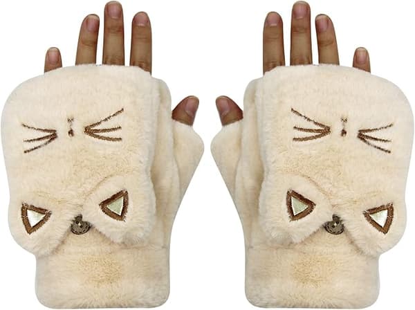 Varme og bløde beige handsker til kvinder, plys, sød kat,