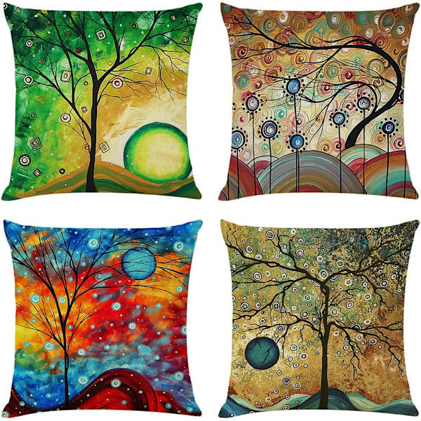 Set med 4 putetrekk 45x45 cm firkantede fargerike trær linensofa