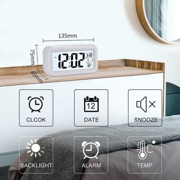 Vit digital väckarklocka med stor LCD-temperaturdisplay, fladdermus
