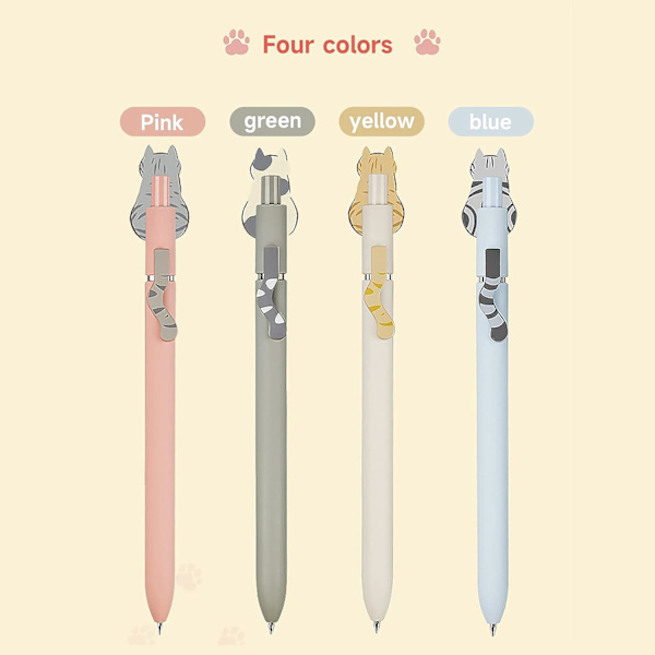 4 stk. Kawaii søde kattepenne 0,5 mm, fin spids japansk sort blæk
