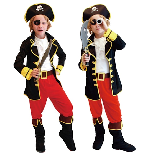 Vacker piratpojke prinsesskostym med hatt, pannband och bälte