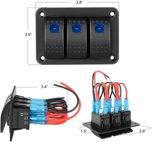3-veis vippebryterpanel, 12V/24V vippebryterpanel med dobbel