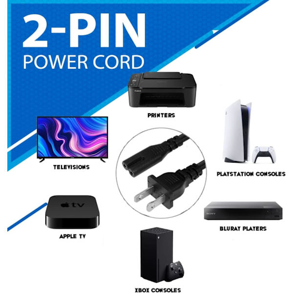 AC 2-polig C8-strömkabel 5ft Standard 250V för TV PS4 PS5 Högtalare