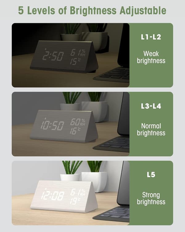 Trädigital väckarklocka, digital klocka med snooze/datum/temper