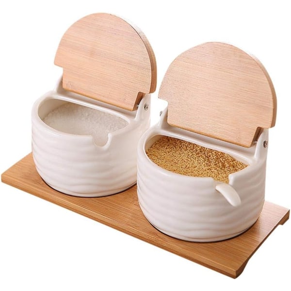 Køkkenkrydderikrukke, keramisk skål med bambuslåg og porcelænssu