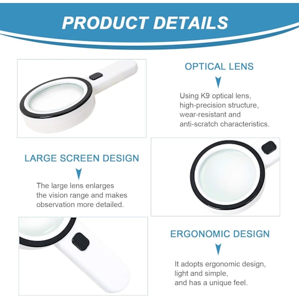 Läsglasögon med 12 LED-lampor, dubbla glaslinser med 30x