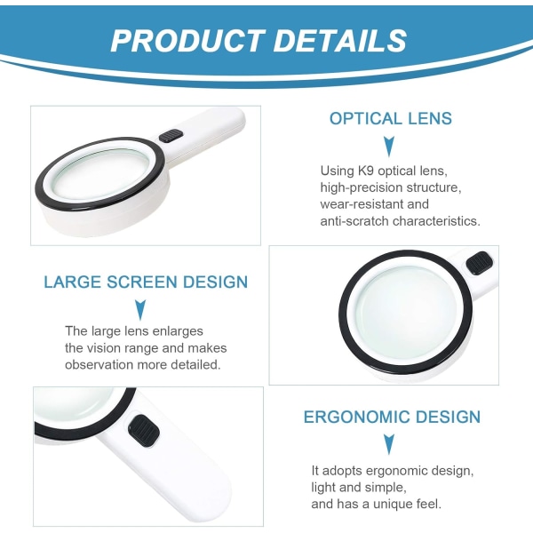 Leselupe med 12 LED-lys, dobbelt glasslinse med 30x