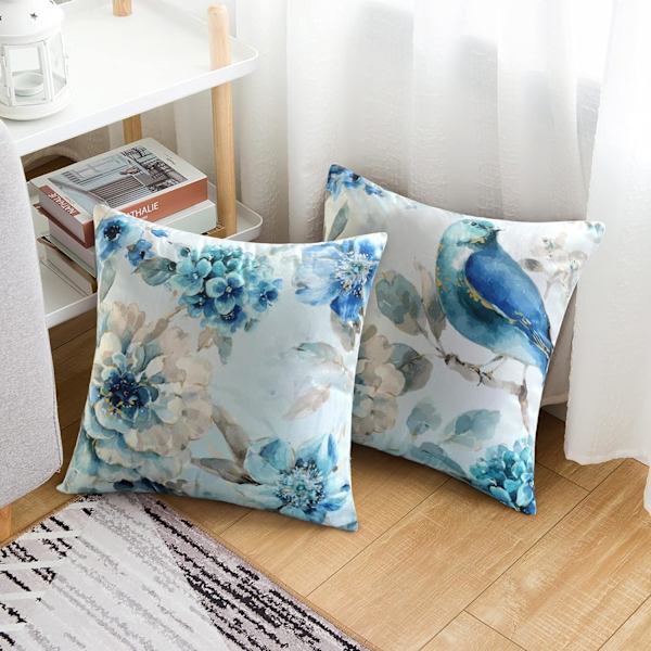 4 dekorative firkantede putetrekk med blomster- og fuglemønster 45x45cm Sofa Bil Hjemmedekorasjon Blå putetrekk