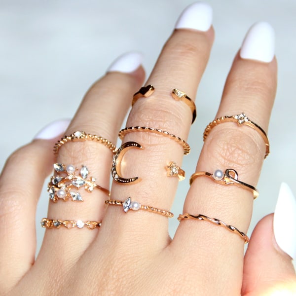 Bohemian Retro Vintage Krystal Led Knuckle Ring Sæt Finger Ringe Vintage Indlagt Perle Knuckle Ring Hvid Kant Ring (Style D 11Pcs)
