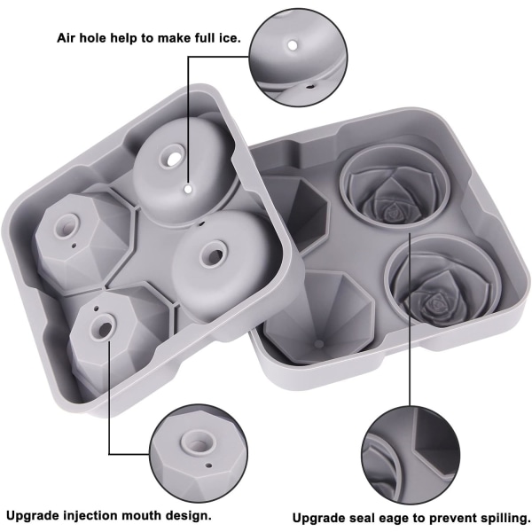 Jääpalamuotti, 2 silikonista ruusujääpalamuottia ja 2 timanttijääpallotekijää