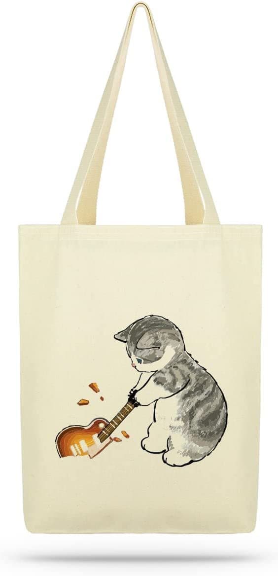 1 st tryckt gitarr Breaking Cat Eco Tote Bag, canvas tote bag för