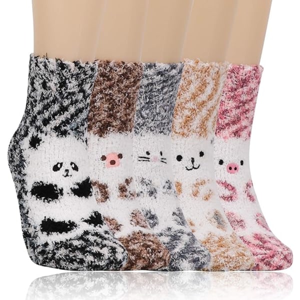 5 par fluffy sokker for kvinner jenter, vintervarme sokker, Coral Fl