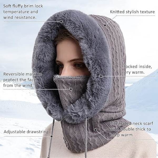 Grå vinterbalaclava för kvinnor, varm och tjock plyschhatt