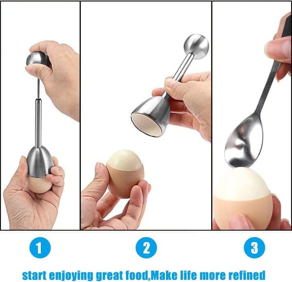 Egg Cutter i rustfritt stål med eggeskjeer og eggkopp,