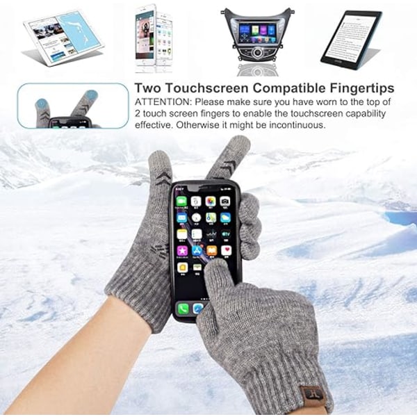 Vinter Touchscreen Stickade Handskar Herr 24cm Varma Tech Handskar med Handtag för Unisex Termisk Ullfodrad (Grå)