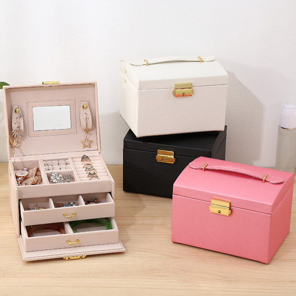 Smyckeskrin, smyckeskrin Smyckeskrin och kosmetika sminklåda 3 lager konstläderskönhetsskrin med 2 lådor, spegel och lås (svart)