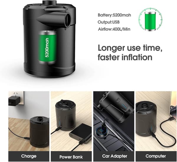 Elektrisk luftpump, 5200mAh bärbar luftpump, snabb uppblåsning/tömning