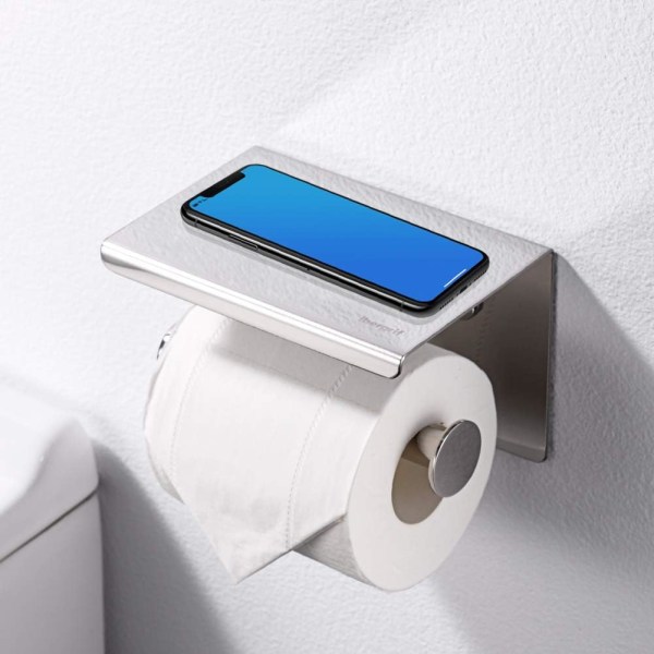 Kromattu WC-paperiteline ruostumattomasta teräksestä, WC-paperiteline matkapuhelimen säilytyksellä, ruuveilla varustettu WC-paperiteline