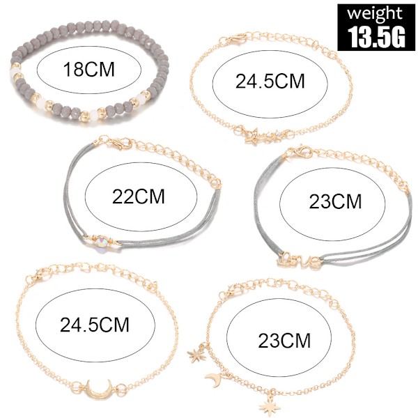 6 stk Stjerne Måne Armbånd, Perlearmbånd for Kvinner, Justerbar Ch