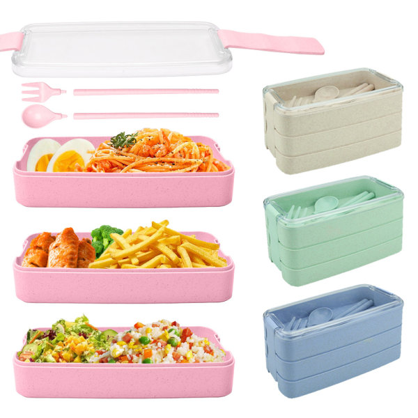 Bento Box Lunchbox, 3-i-1 fack, Återanvändbar Bento Lunchbox