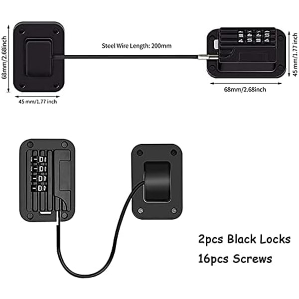 2-pak kodede kombinasjonslåser for kjøleskap, barnesikre kjøleskap