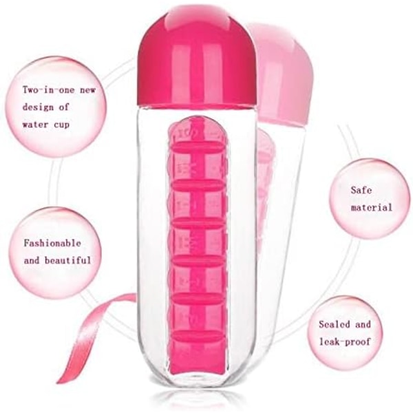 Bärbar 2-i-1 pillerburk/flaska - 600 ml (rosa)