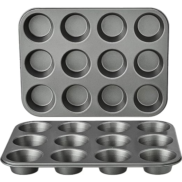 Sæt med 2 runde non-stick muffinpander i kulstål, grå