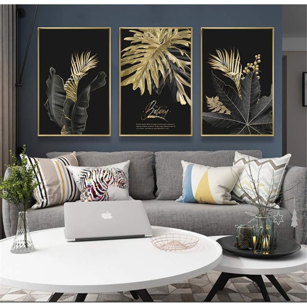 Set med 3 designväggposters med skog, guldblad, palm, ram