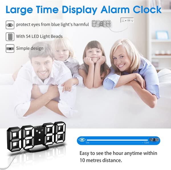 3D LED Digital Väggklocka, Digital Klocka, 3D LED Alarm