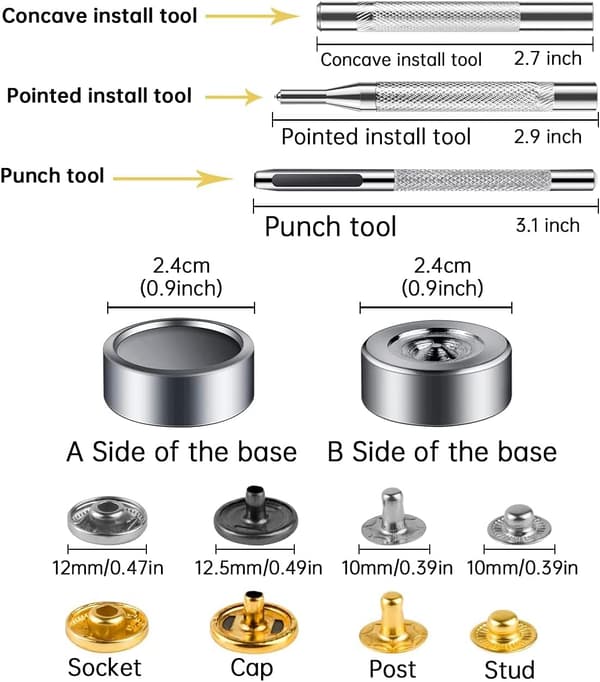 132 set läder tryckknappar kit, 12,5 mm metall tryckknappar
