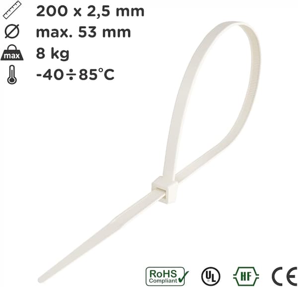 200mm x 2.5mm Kabelbinder, Kabelbinder, Rilsan Nylon Kabelbindere, 200m
