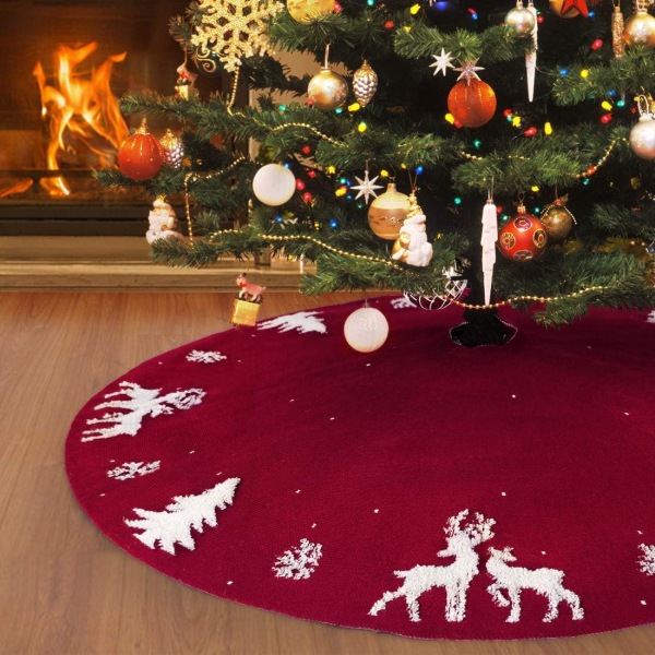 48 tommer 122 cm strikket juletreskjørt 3D juletreteppe med rustikk rød elg for innendørs eller utendørs julepynt