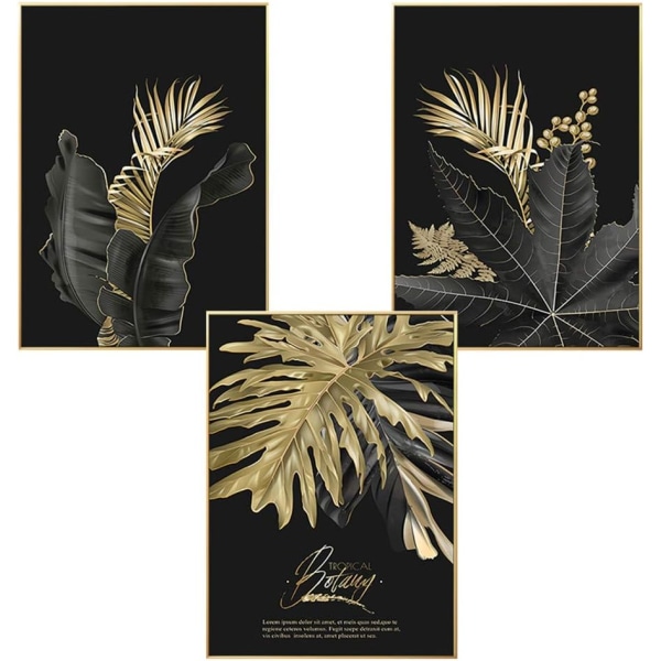 Set med 3 designväggaffischer med skog, bladguld, palm, ram
