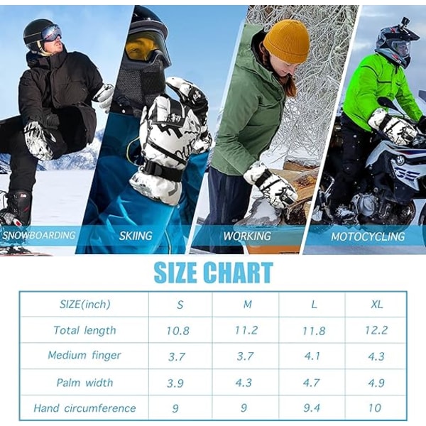Skidhandskar -30°F Vattentät pekskärm Snowboardhandskar för män Kvinnor Varma vinterhandskar för kallt väder (grå och vit medium)