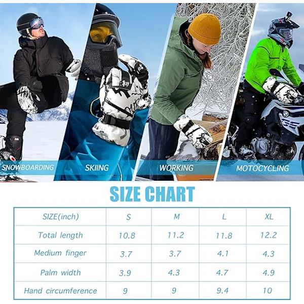Skihandsker -30°F Vandtætte Touchscreen Snowboardhandsker til Mænd Kvinder Varme Vinterhandsker til Koldt Vejr (Grå og Hvid Medium)