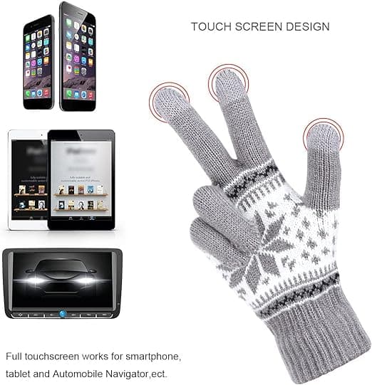 Touchscreen-handskar för kvinnor, 1 par stickade handskar för att hålla värmen, unisex-vantar, touchscreen-vantar, varma vantar, snöblommönster (grå)