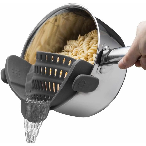 Grytesil og pastasil - Justerbar silikonklemme på sil for gryter, panner og boller - Grå