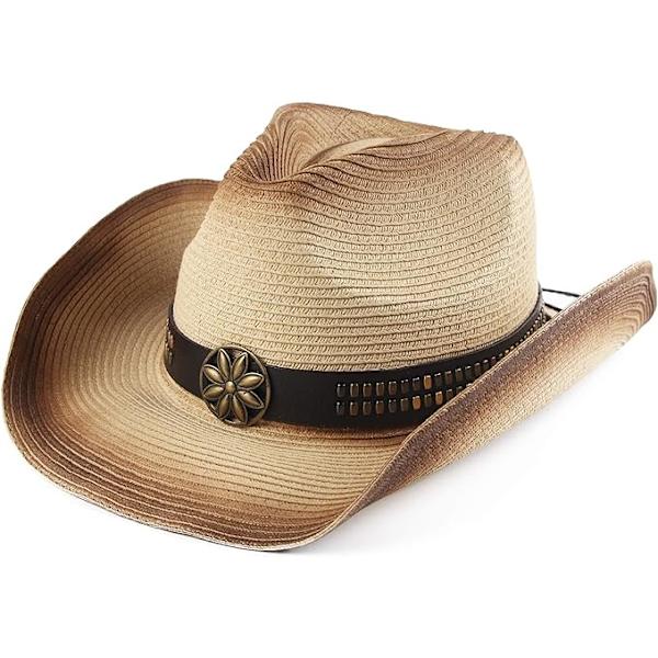 Vuxen solhatt i halm för kvinnor och män, cowboyhatt i västerländsk stil, färgad, ris