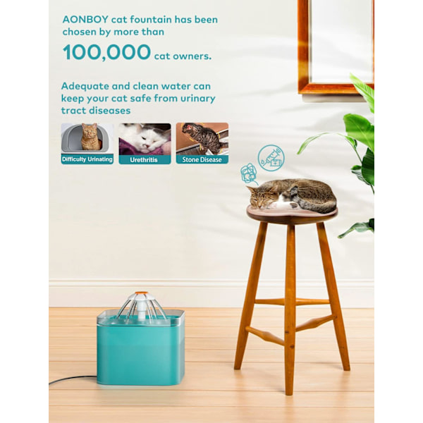 Cat Water Fountain, Ultra Silent Cat Fountain 2L, LED-valolla,