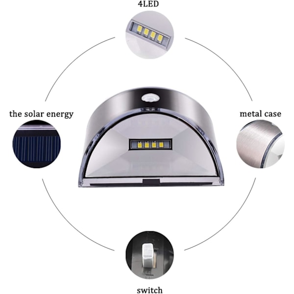 2 LED solcelle væglampe til have, terrasse, indkørsel, hegn, rustfrit stål, trapper, udendørs vandtæt lys med bevægelsessensor, koldt hvidt