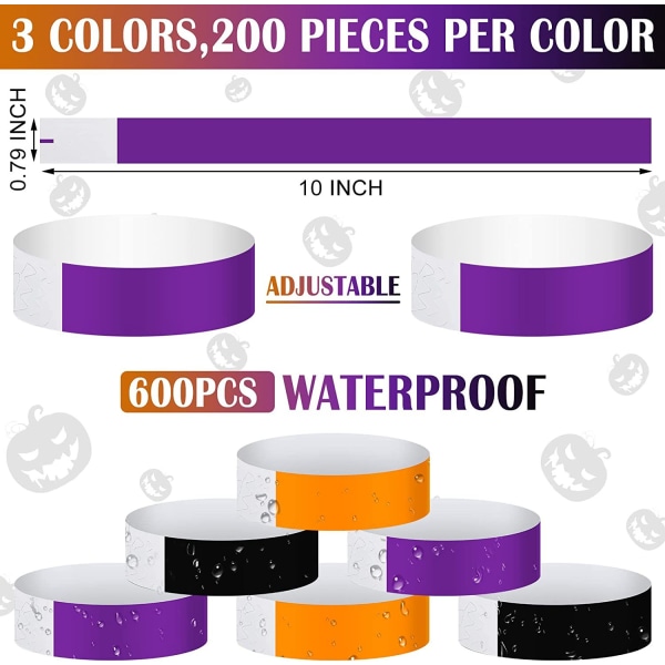Neonorange, svarta, lila armband – 600-pack | Vattentätt papper