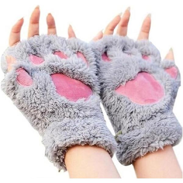 Kattklo Björntass Fingerlösa Vinterplyschhandskar (Grå)