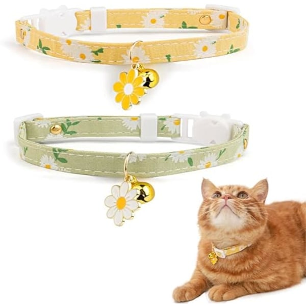Sæt med 2 kattehalsbånd i bomuld med klokke, gul og grøn blomst Pe