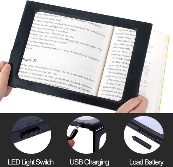 Full-side foldbar rektangulær håndfri forstørrelsesglass med 12 LED-lys for lesing, arbeid