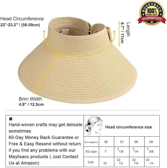 Visor Solhatt i Halm til Strand med Bred Bremm for Kvinner UPF 50+ Sommerbeskyttelse