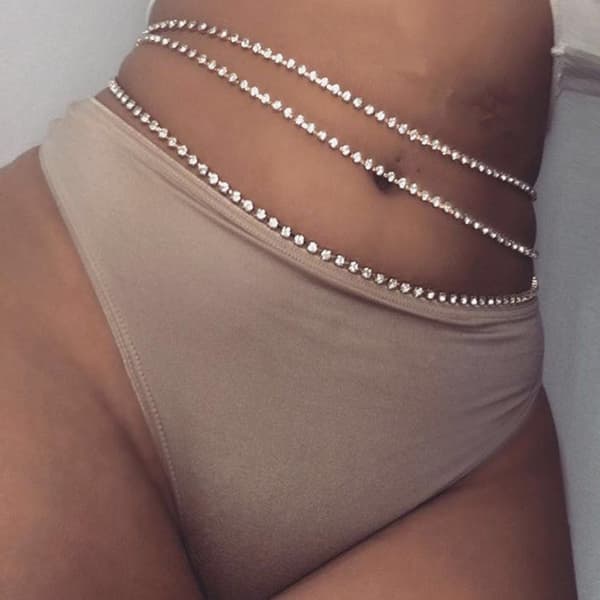 Boho Rhinestone Body Chain, Lagdelt Belly Button Chain, Fest Bod